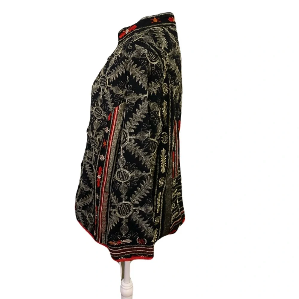 Chico's Womens 3/XL Black Red Gold Fully Embroidered Asian Inspired Light Jacket